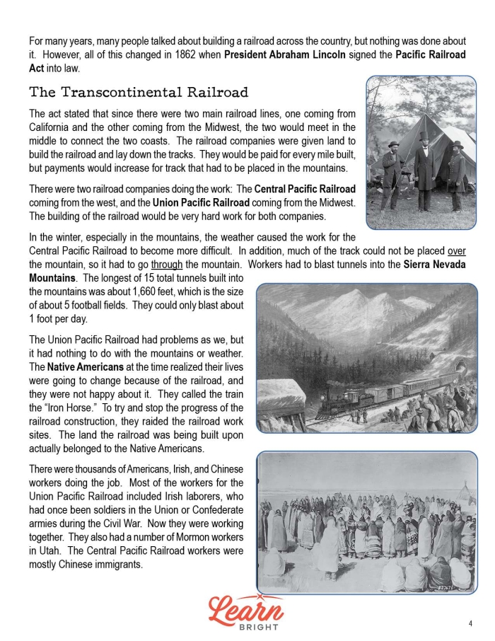 Fourth grade worksheet focusing on identifying the main idea in a passage about the Transcontinental Railroad
