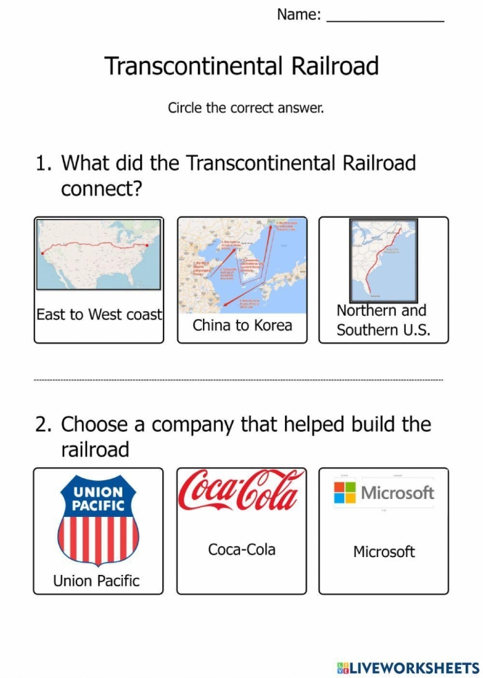 Fourth grade worksheet focusing on the main idea of the Transcontinental Railroad