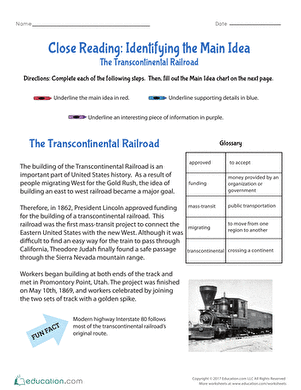 Fourth grade worksheet on finding and supporting the main idea using the Transcontinental Railroad text
