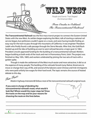 Fourth grade worksheet on the Transcontinental Railroad focusing on identifying the main idea