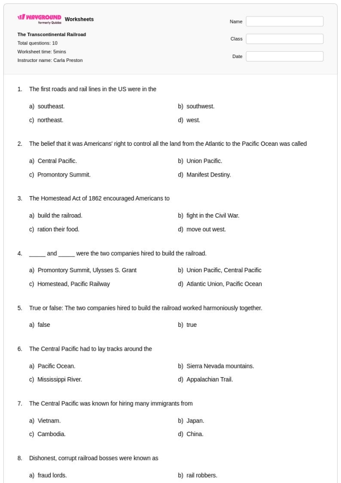 Fourth grade worksheet on the Transcontinental Railroad focusing on finding the main idea