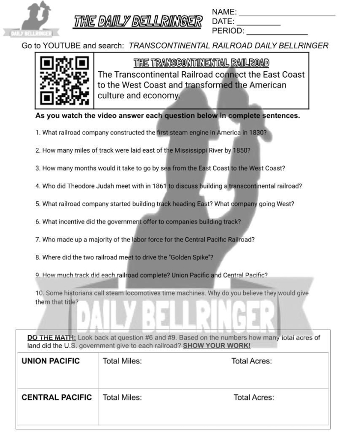 Fourth grade worksheet on finding and supporting the main idea about the Transcontinental Railroad