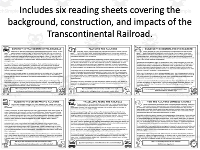 Fourth grade worksheet on the Transcontinental Railroad focusing on identifying the main idea