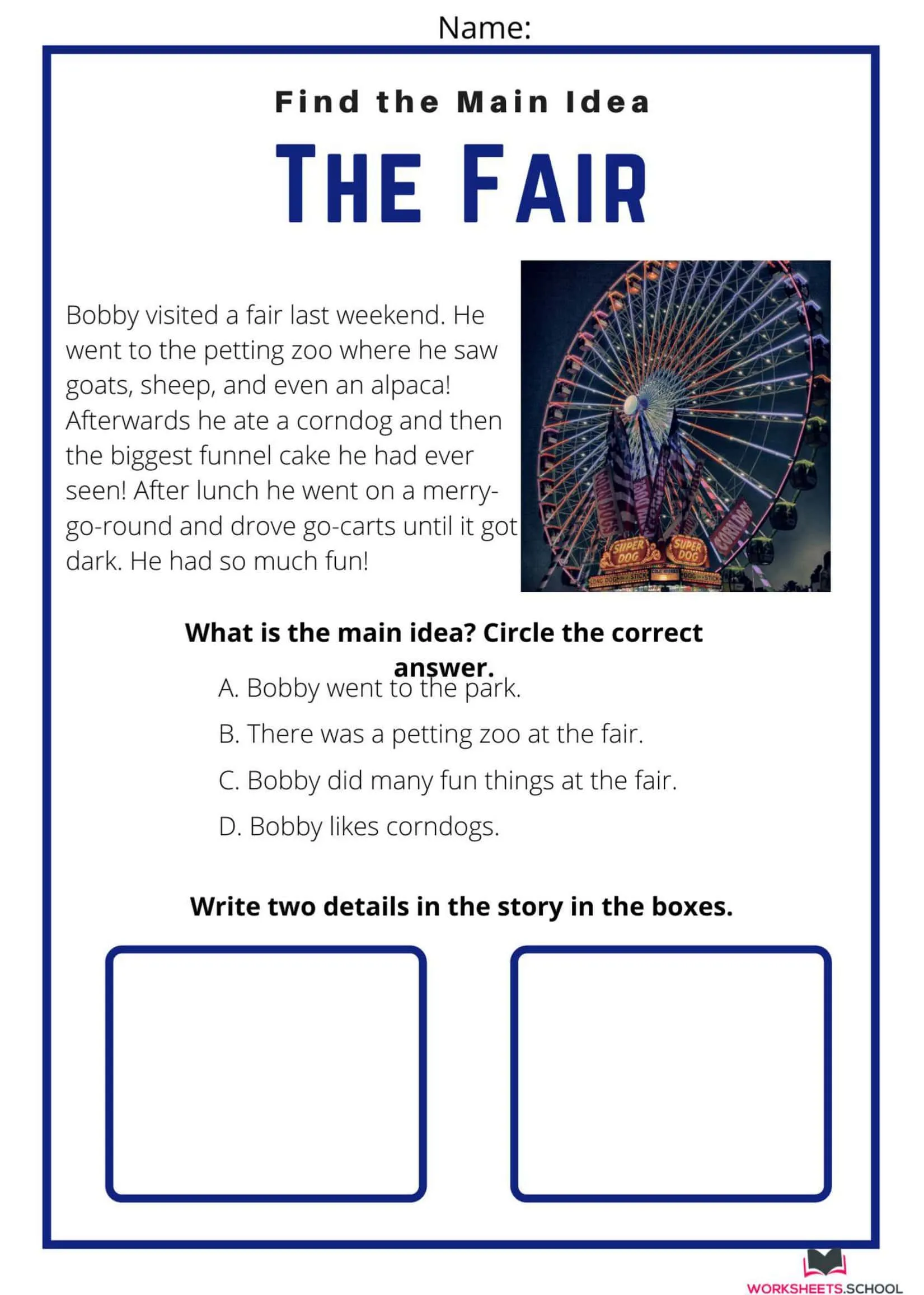 Fourth grade worksheet on finding the main idea about the Transcontinental Railroad