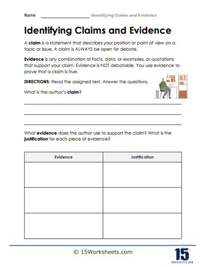 Worksheet image illustrating how to create and substantiate a claim in reading comprehension Make a Claim worksheet for fourth graders focused on developing and supporting claims with evidence