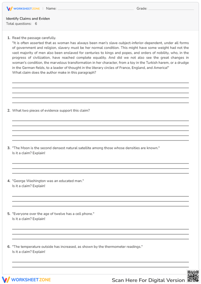 Reading worksheet for Fourth Grade Worksheet titled "Make a Claim" designed for fourth graders to learn about developing claims and supporting them with evidence. Educational resource for teaching reading comprehension skills to students.