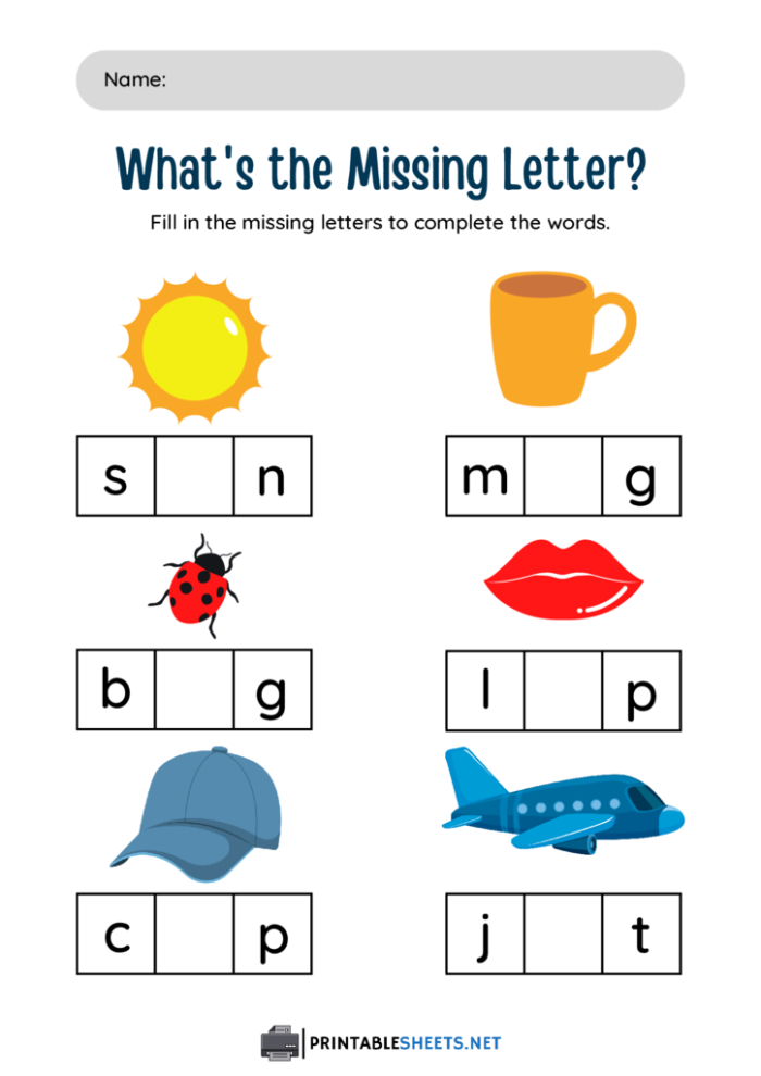 Engaging learning tool for practicing sound, word building, and writing skills Worksheet featuring "Make a Word: Write the Missing Letter" activity for Pre-K students