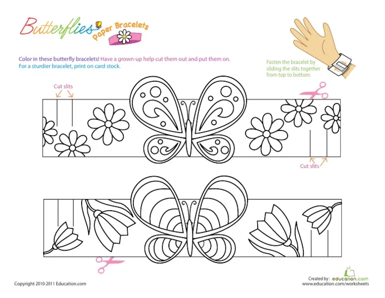 Make Butterfly Bracelets worksheet for phonics learning in kindergarten Colorful butterfly bracelets made by kindergarten students for a fun craft activity