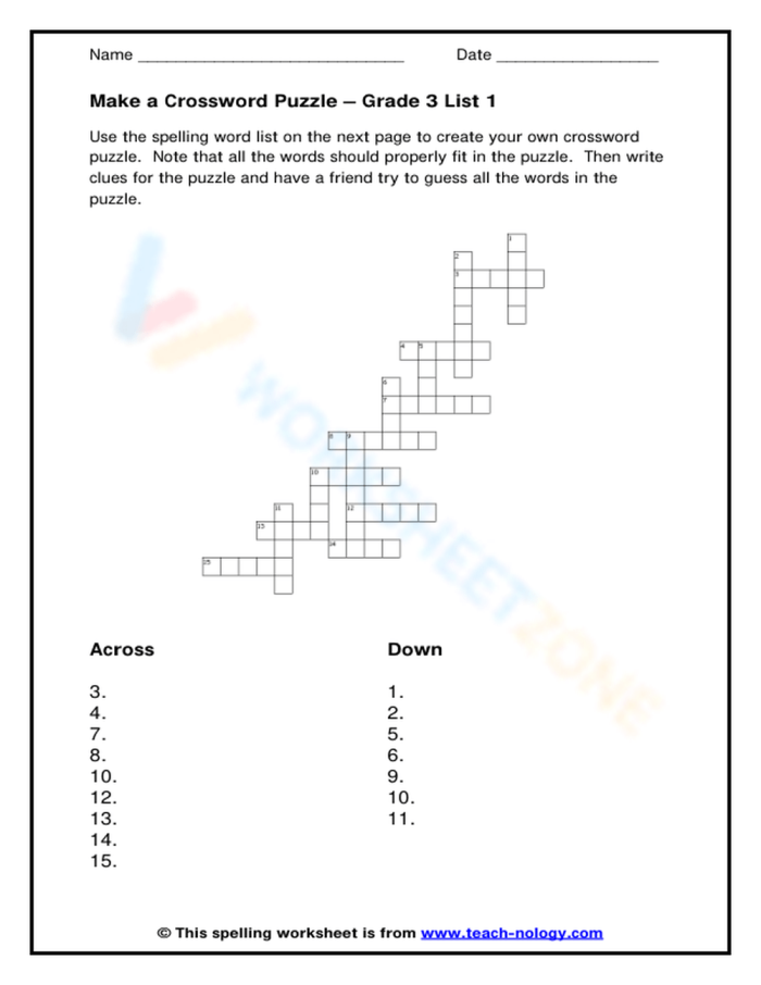 Worksheet for creating a custom crossword puzzle focused on multiplication for fourth graders