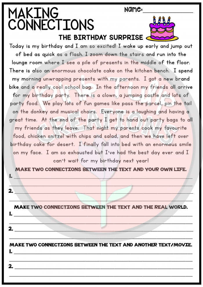 Reading Strategies Making Connections activity for third graders with diverse texts and questions Third grade worksheet focused on making text-to-self, text-to-text, and text-to-world connections
