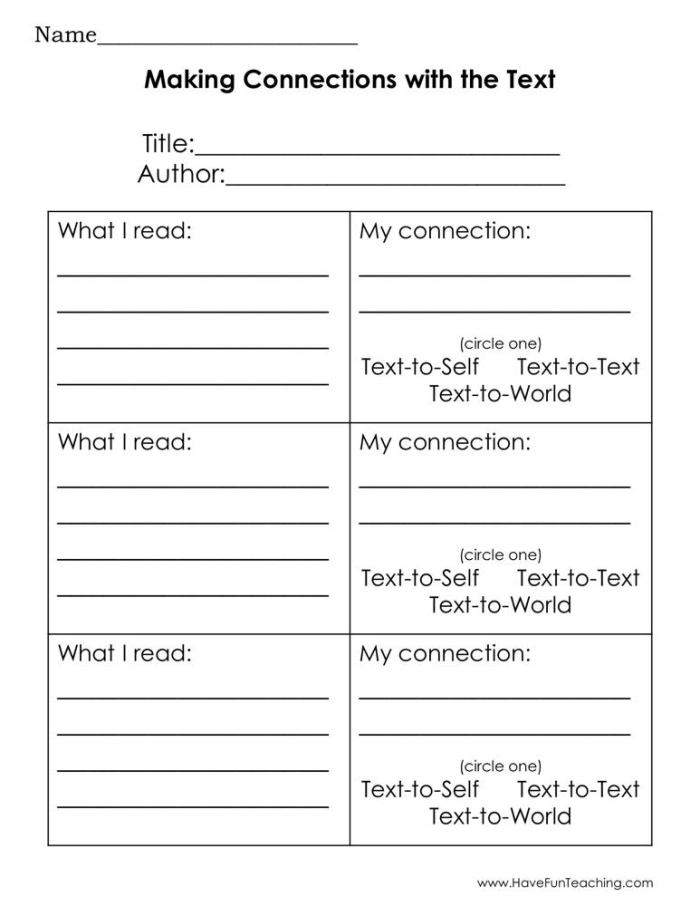 Reading Strategies Making Connections worksheet for practicing comprehension skills in grade 3 Third Grade worksheet on making text-to-self, text-to-text, and text-to-world connections