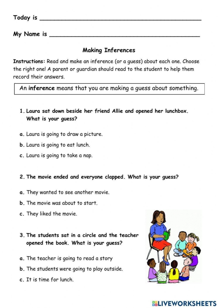 Worksheet for making inferences with characters using clues and background knowledge