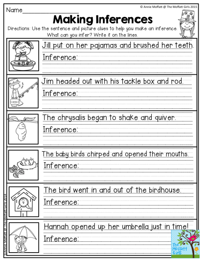 Reading worksheet for Second Grade Students analyzing images to determine the best descriptive statement in a literacy worksheet. Making Inferences with Pictures worksheet for second grade readers.