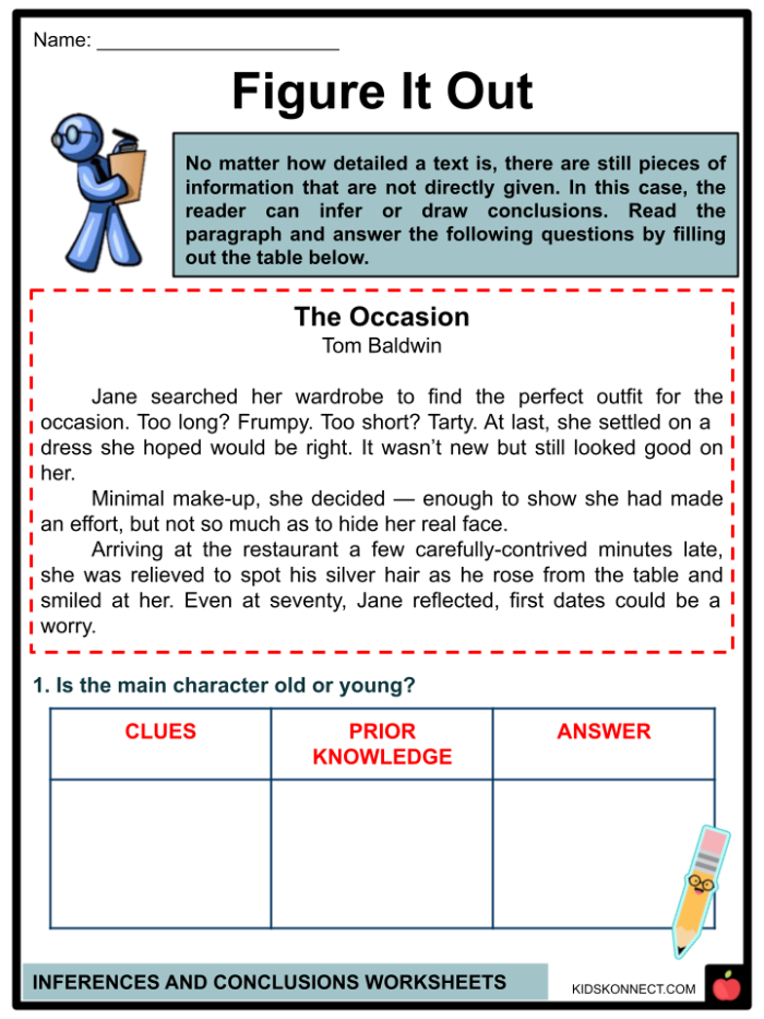 Worksheet focusing on making inferences using text clues for third graders