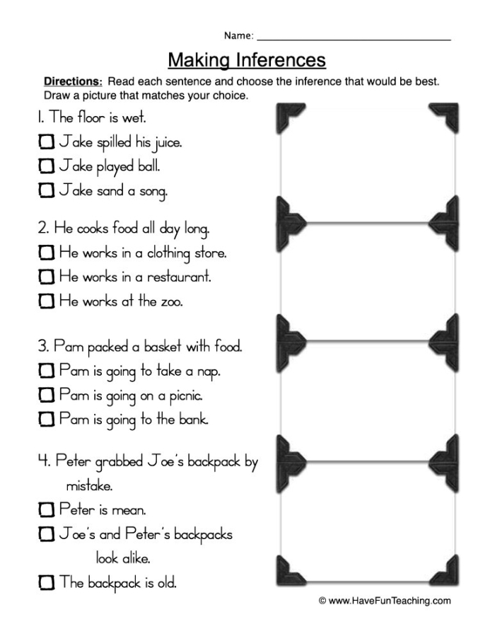 Making Inferences with Pictures Worksheet for Second Graders - Image 2 Second grade students analyzing images to determine the most accurate statement in a literacy worksheet