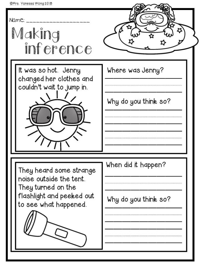Worksheet featuring students practicing making inferences based on text clues and background knowledge