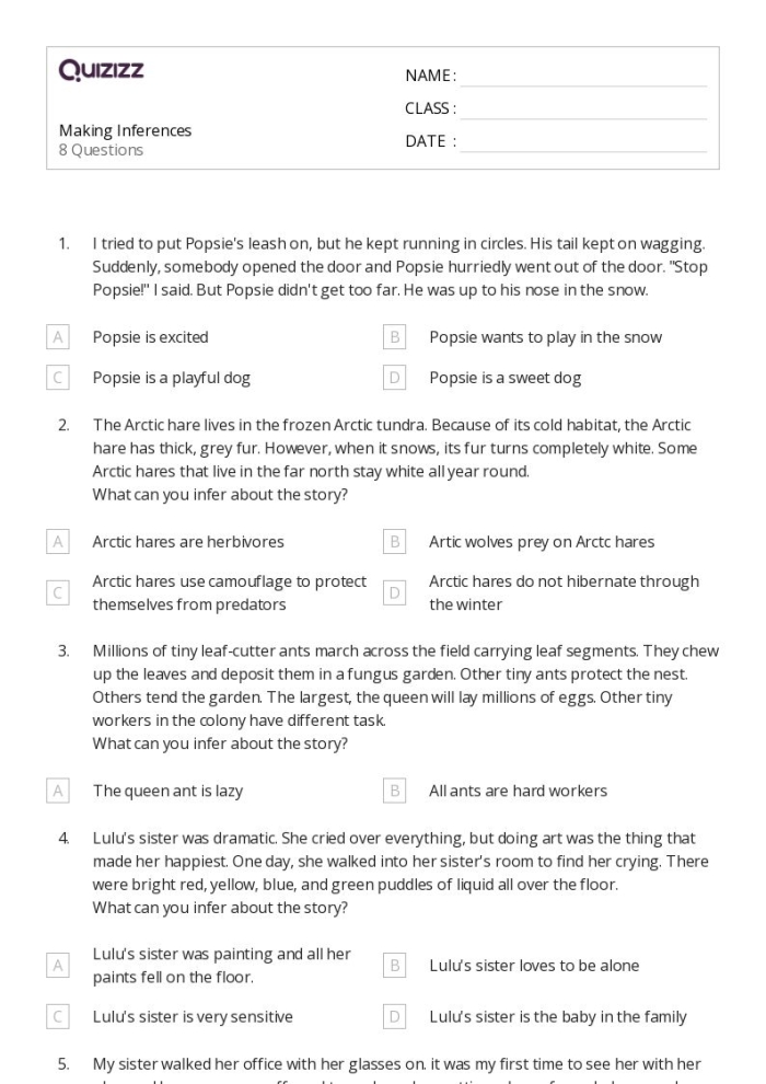 Worksheet featuring activities for making inferences in third-grade reading