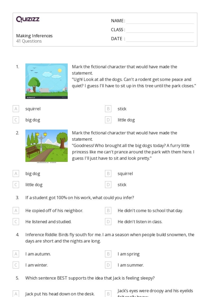 Worksheet for making inferences about characters using text clues and background knowledge