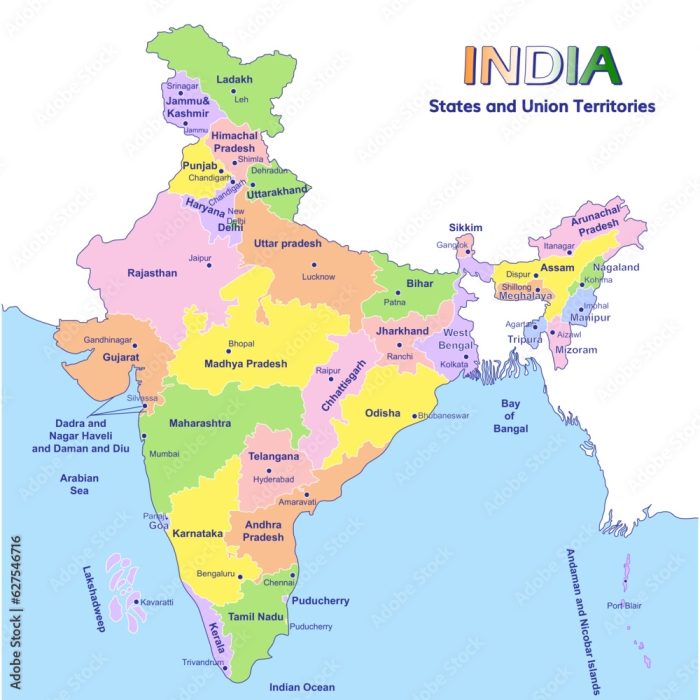 Map of India showing states, union territories, and their capitals for educational use