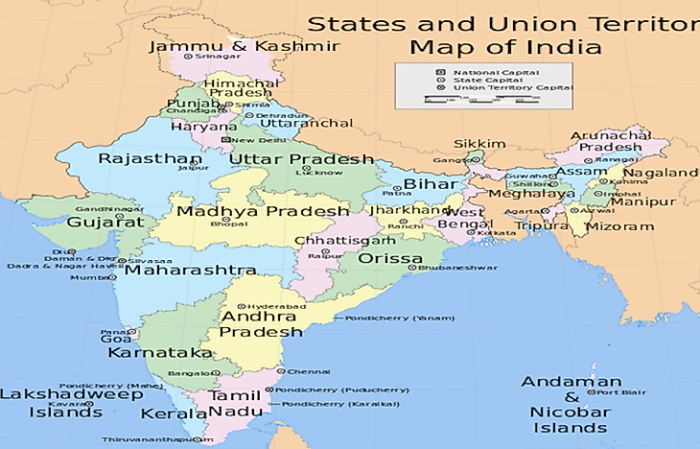 Map of India showing states, union territories, and capitals for educational use
