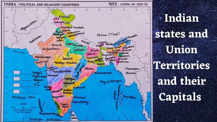 Map of India highlighting states, union territories, and their capitals for educational use