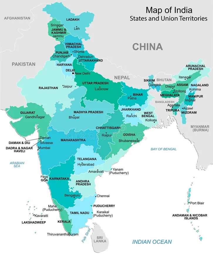 Map of India showing states, union territories, and their capitals for educational use