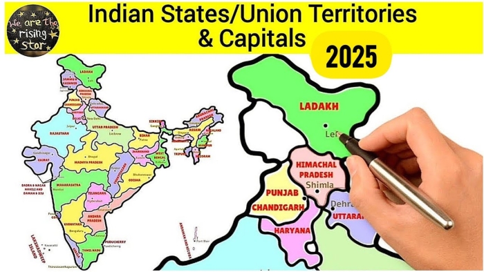 Map of India highlighting its states, union territories, and capitals for educational purposes