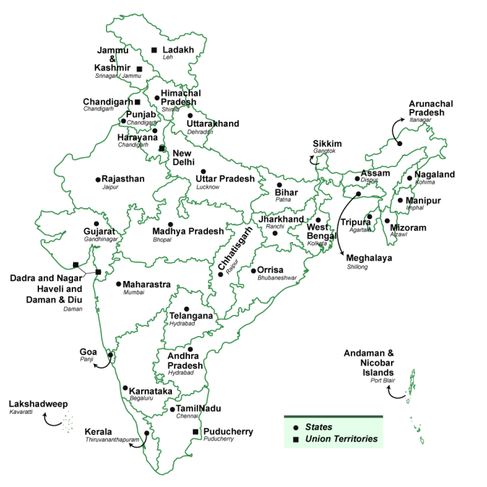 Map of India showing states, union territories, and their capitals for educational use