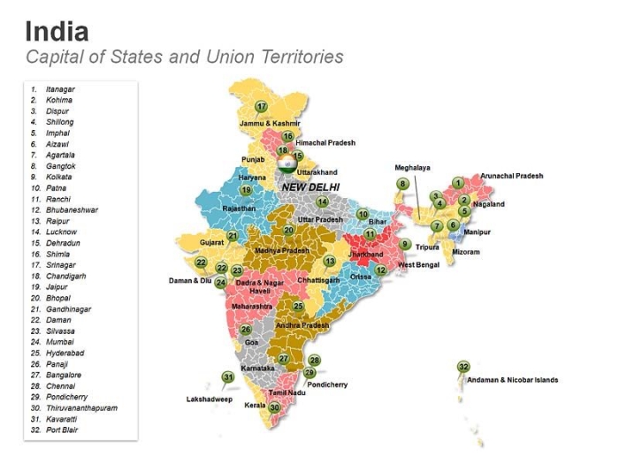 Map of India highlighting states, union territories, and their capitals for educational use