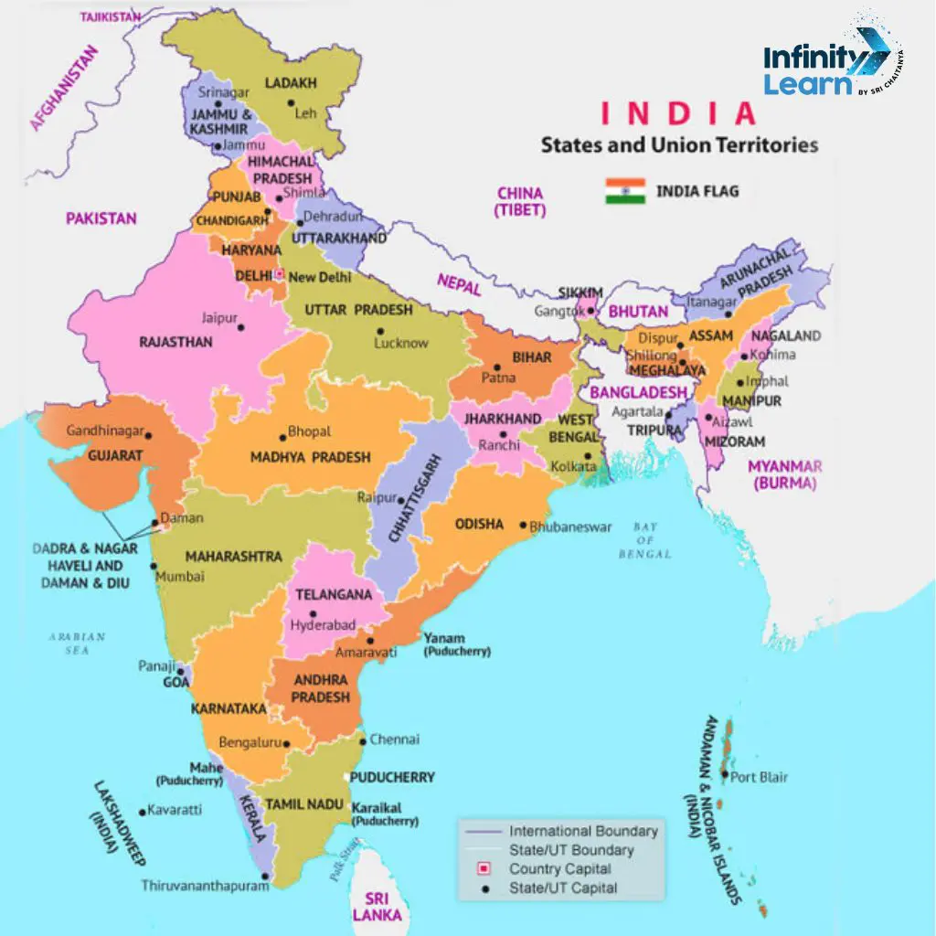 Map of India showing states, union territories, and their capitals for educational purposes