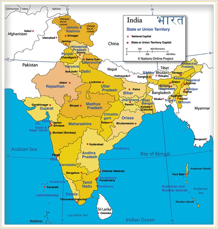 Map of India highlighting states, union territories, and their capitals for educational use