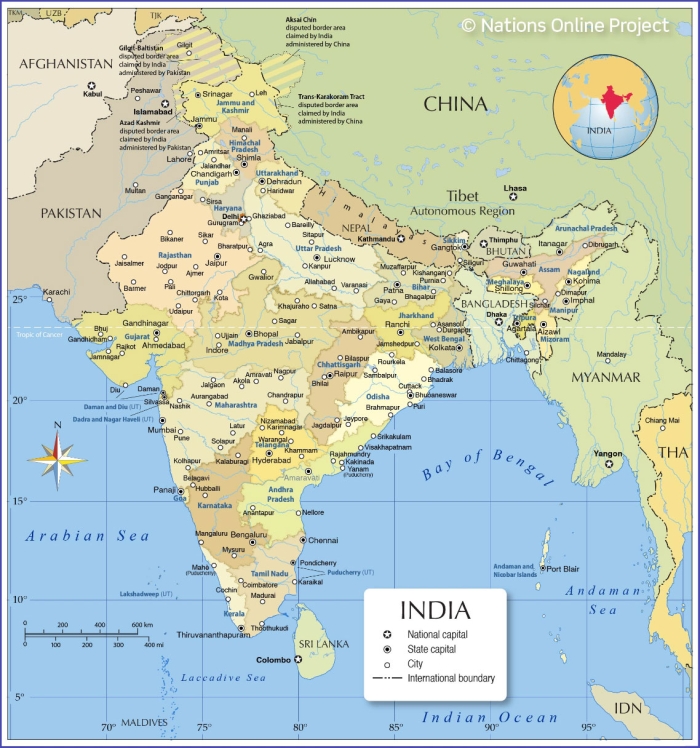 Map of India highlighting states, union territories, and their capitals for educational use