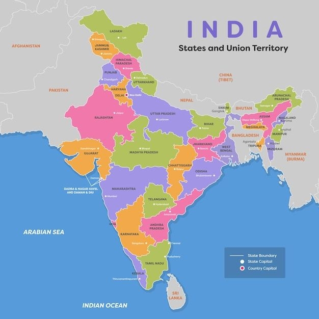 Map of India highlighting states, union territories, and their capitals for educational purposes