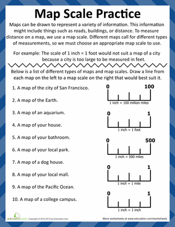Map scales practice worksheet for improving geography skills in fourth grade students Fourth grade geography worksheet focused on understanding map scales