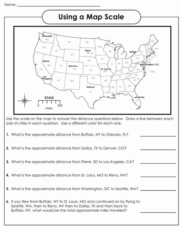 Map Scales exercise for fourth graders to improve map reading skills, image 6 Fourth grade student completing a map scales worksheet for geography practice