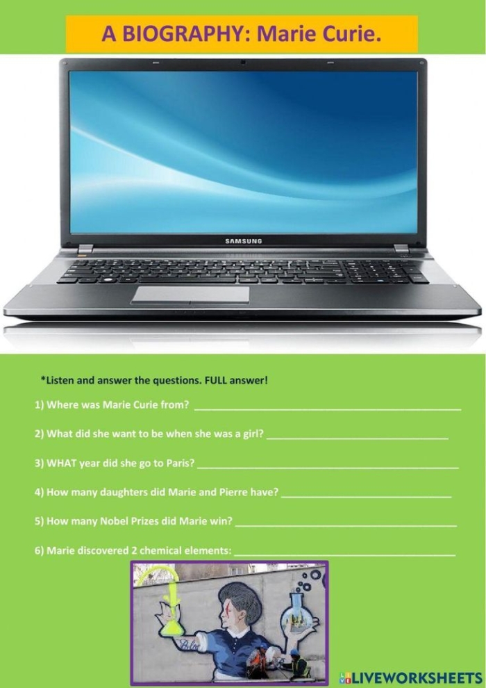Fourth grade reading worksheet featuring Marie Curie's life story and scientific achievements Marie Curie Biography worksheet for fourth grade students learning about the pioneering female scientist and Nobel Prize winner