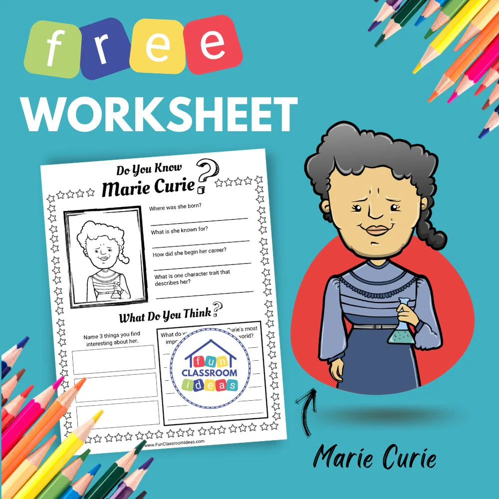 Fourth grade reading worksheet about Marie Curie's life and scientific achievements Marie Curie Biography worksheet activity for fourth grade students learning about the pioneering female scientist and Nobel Prize winner