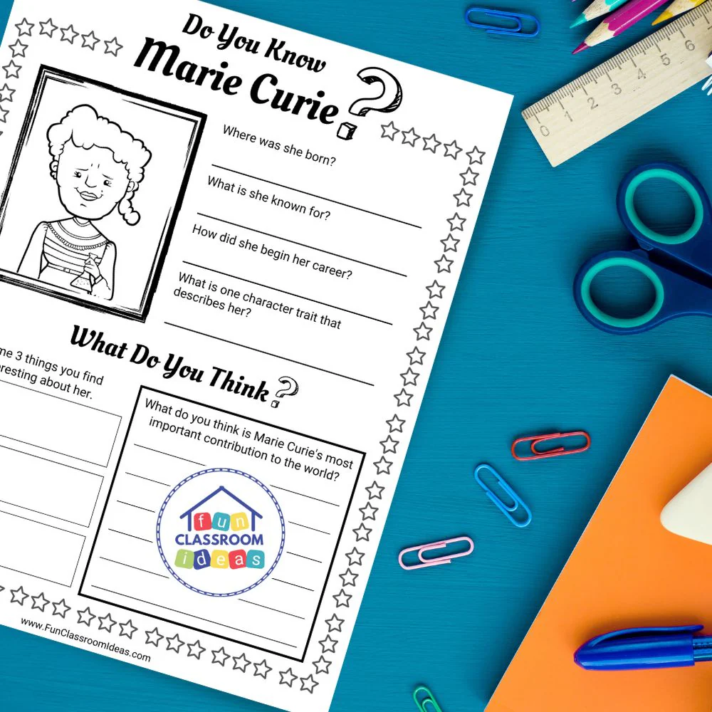 Fourth Grade Reading Activity: Marie Curie History and Science Lesson 15 Marie Curie Biography worksheet for fourth grade students learning about the pioneering female scientist and Nobel Prize winner
