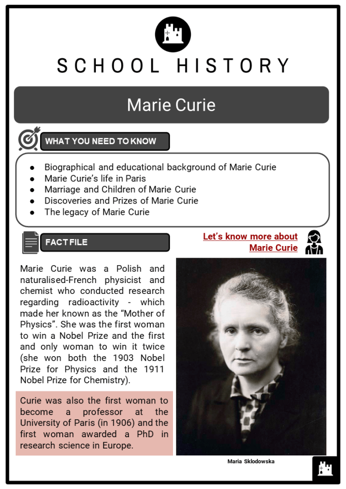 Fourth Grade Reading Activity: Marie Curie Biography Lesson 13 Marie Curie Biography worksheet for fourth grade students learning about the pioneering female scientist and Nobel Prize winner