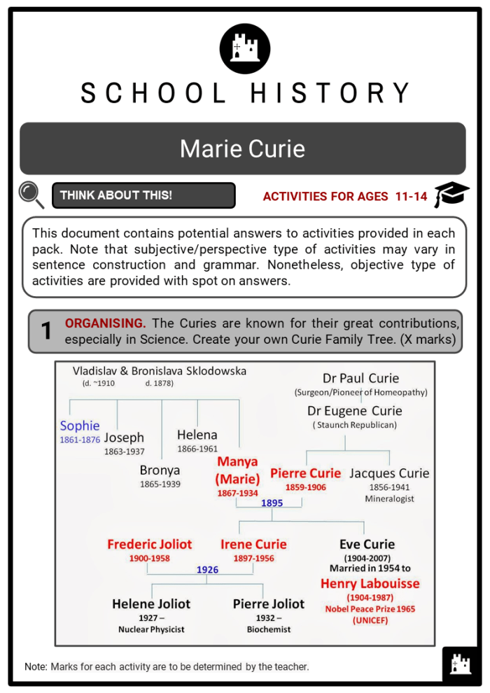 Fourth Grade Reading Worksheet About Marie Curie's Scientific Achievements and Life Story Marie Curie Biography worksheet for fourth grade students learning about the pioneering female scientist who won the Nobel Prize