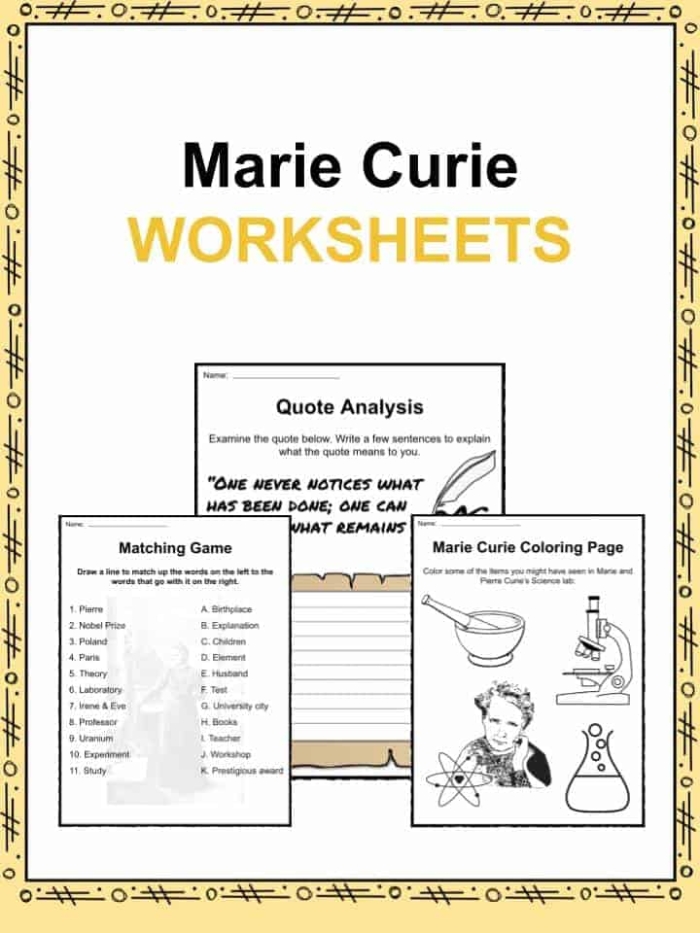 Marie Curie Biography Reading Passage for Elementary Students Fourth grade reading worksheet featuring a biography of Marie Curie with comprehension questions about the pioneering female scientist