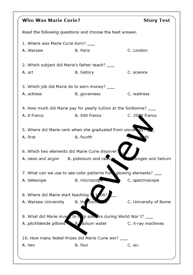 Fourth Grade Reading Activity: Marie Curie's Life and Scientific Achievements Marie Curie Biography worksheet for fourth grade students learning about the pioneering female scientist and Nobel Prize winner