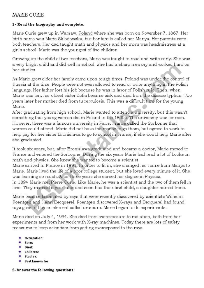 Fourth grade reading comprehension exercise featuring Marie Curie's life and scientific achievements Marie Curie Biography worksheet activity for fourth grade students learning about the pioneering female scientist and Nobel Prize winner