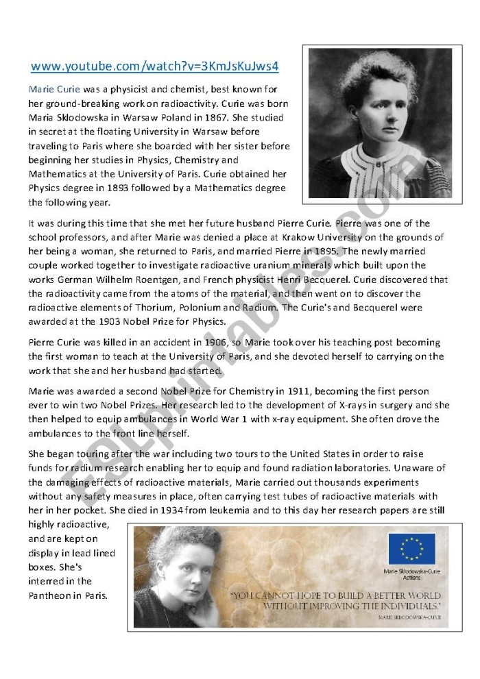 Marie Curie Biography Worksheets for 4th Grade