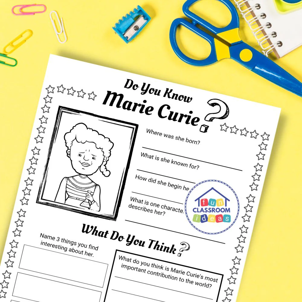 Fourth Grade Reading Activity: Marie Curie History and Science Biography Lesson 17 Marie Curie Biography worksheet for fourth grade students learning about the pioneering female scientist and Nobel Prize winner