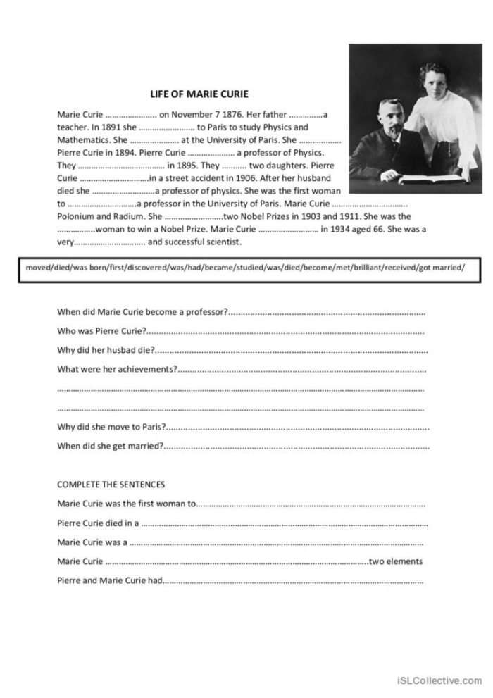 Image 20: Fourth grade reading worksheet about Marie Curie's life and scientific achievements Marie Curie Biography worksheet for fourth grade students learning about the pioneering female scientist and Nobel Prize winner