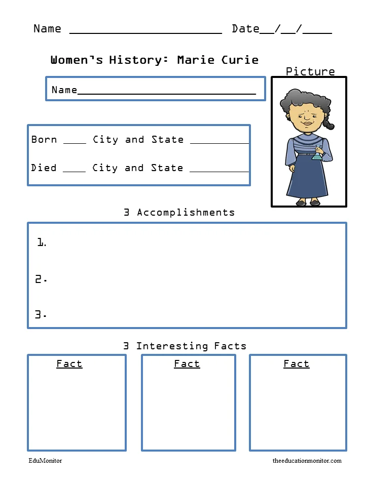 Image title: Marie Curie Biography Reading Worksheet for Elementary Students ALT text: Fourth grade worksheet featuring a biography of Marie Curie with reading comprehension questions about her scientific discoveries and achievements