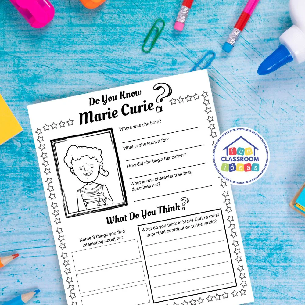 Fourth grade reading comprehension activity featuring Marie Curie's life and scientific achievements Marie Curie Biography worksheet for fourth grade students learning about the pioneering female scientist who won the Nobel Prize