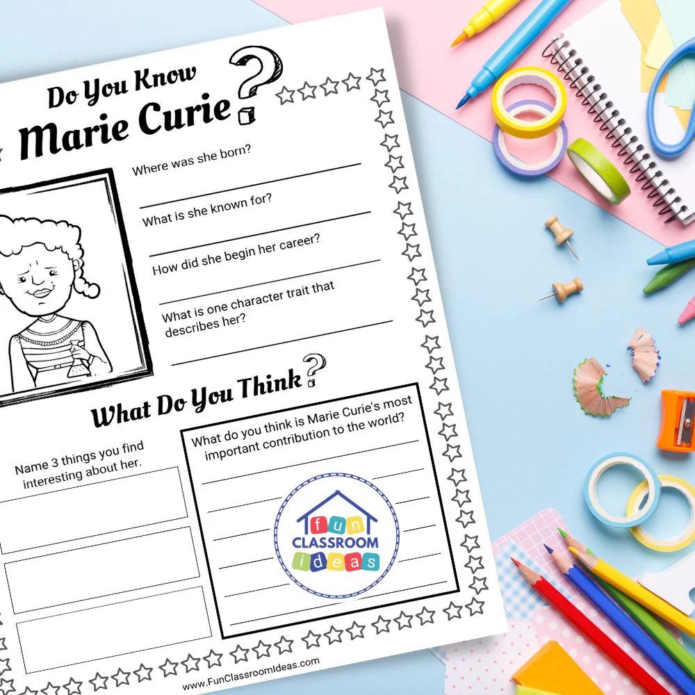 Marie Curie Biography Reading Worksheet for Elementary Students A fourth grade worksheet page featuring a biography of Marie Curie with reading comprehension questions about her scientific discoveries and achievements