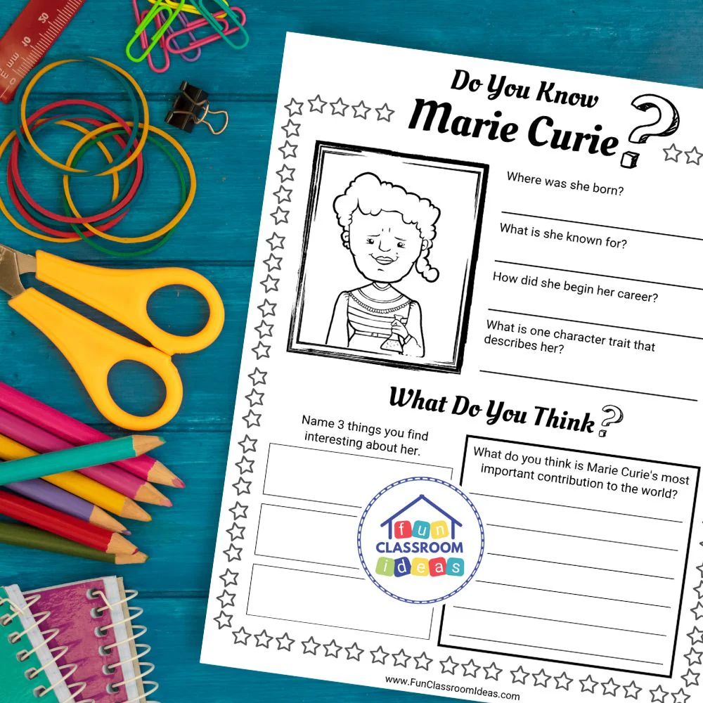 Fourth Grade Reading Activity: Marie Curie Short Biography Lesson 16 Marie Curie Biography worksheet for fourth grade students learning about the pioneering female scientist and Nobel Prize winner